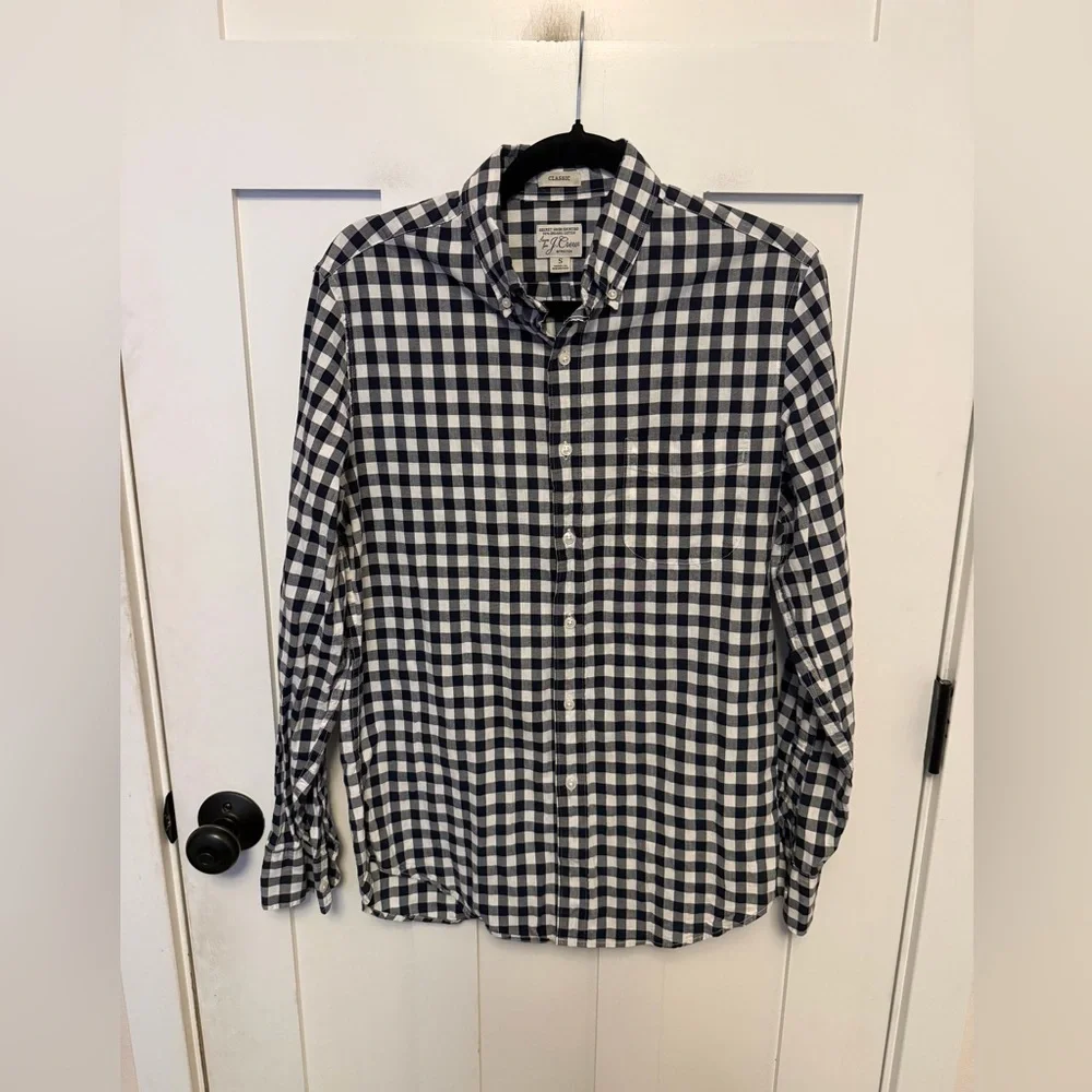 J.Crew Secret Wash organic cotton poplin shirt Black White Check Classic Small